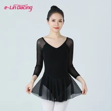 Women Ballet Chiffon Skirt Ballet Leotard For Ladies 3/4 Long Sleeve Adult Gymnastics Training Tutu Dress Dancing Bodysuit