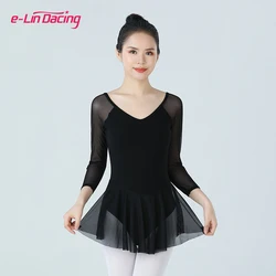 Women Ballet Chiffon Skirt Ballet Leotard For Ladies 3/4 Long Sleeve Adult Gymnastics Training Tutu Dress Dancing Bodysuit