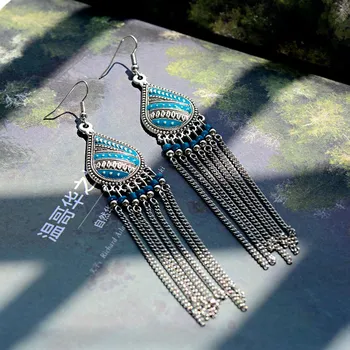 

Retro Women's Vintage Silver Color Tassel Beaded Earrings 2020 Long Water Drop Alloy Earrings Indian Jewelry Brincos De Festa