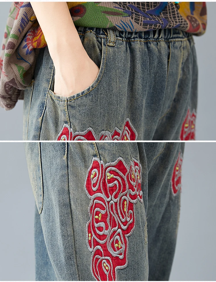 Loose Vintage Flower Embroidery Boyfriend Jeans For Women Elastic Waist Sping Streetwear Femme Denim Jean Trousers