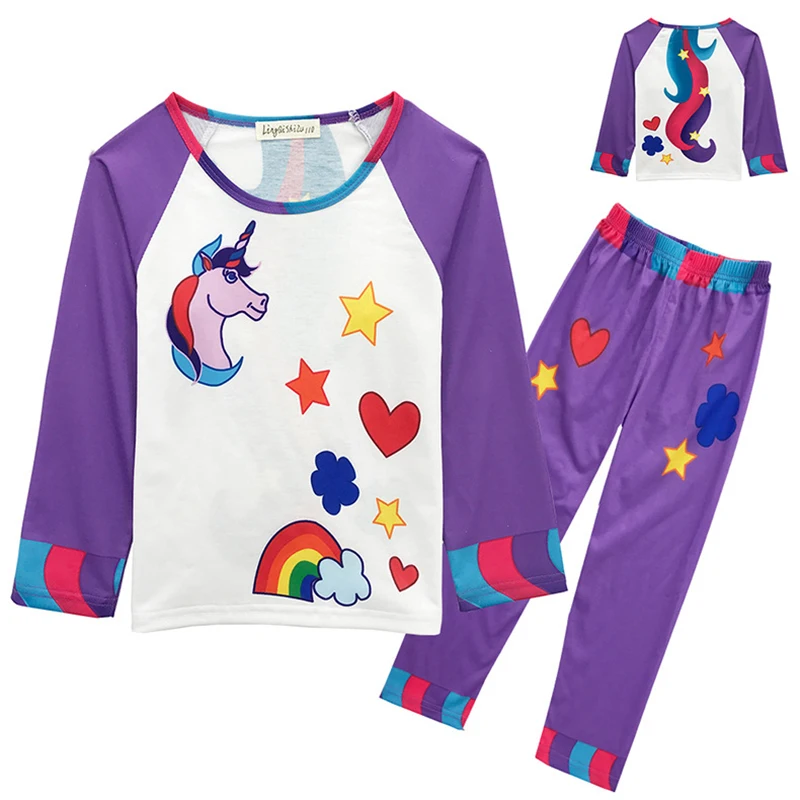 От 3 до 8 лет и единорогом для девочек Детская Пижама, ночное белье для детей в виде единорога одежда с мультяшными рисунками, комплект с длинными рукавами, одежда для сна для девочек, 81061