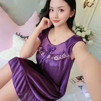 

Lady's Silky Nightdress Sexy Pure 7 Color Sleepwear Soft Summer Homedress