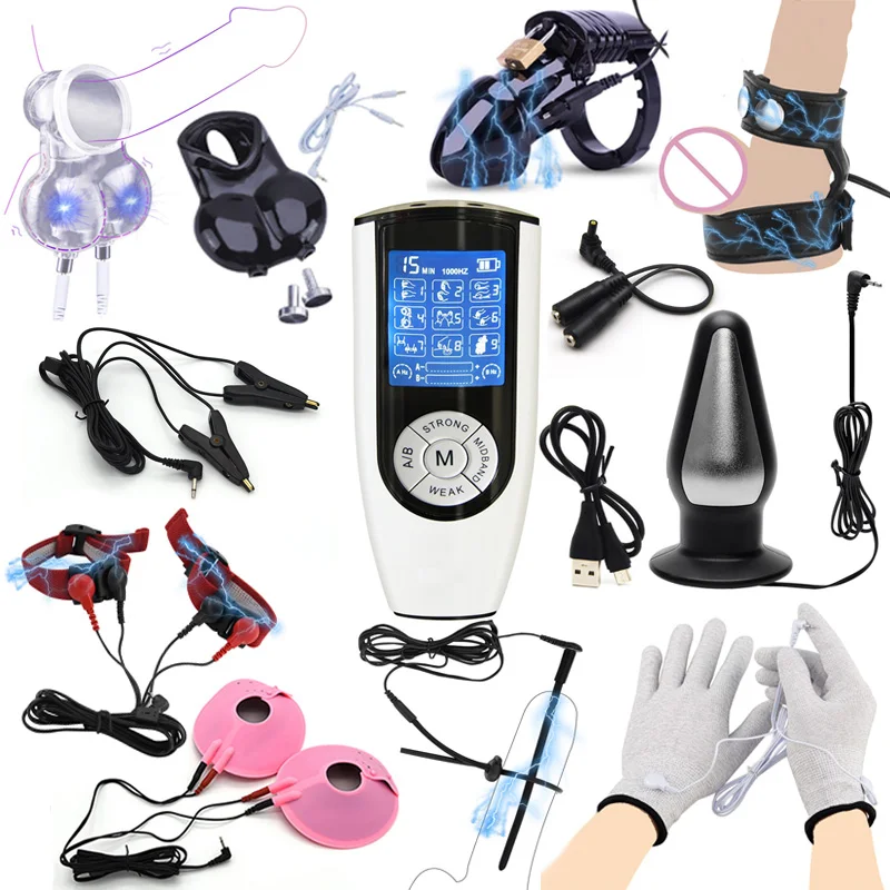 BDSM Electric Shock Anal Plug Cock Cage Scrotum Sleeve Electro Stimulator Gloves Penis Plug Ring Nipple Clamps Sex Toy electro sex toys electric sex toys penis rings