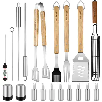 

UNOMOR 20pcs Stainless Steel BBQ Tools with Wooden Handle Grilling Tool Set Outdoor Barbecue Grill Utensils