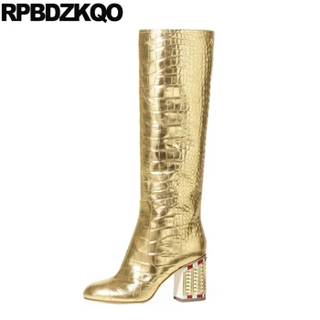 

ladies knee high rhinestone 12 44 gold heel big size designer shoes women luxury 2019 long diamond boots 10 crossdresser chunky