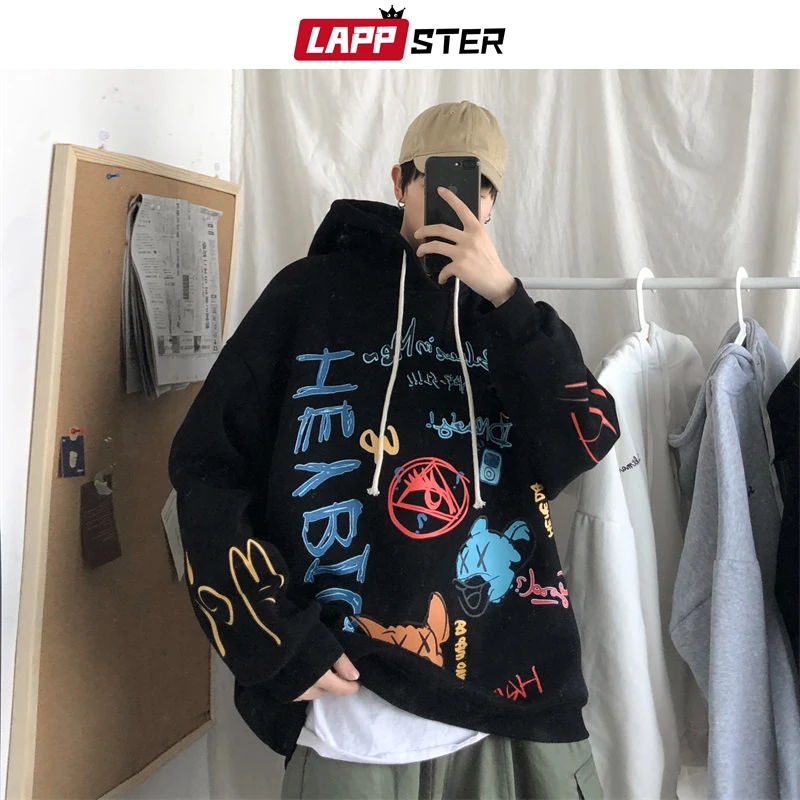 LAPPSTER мужские толстовки Харадзюку с граффити Мужская корейская мода уличная толстовка с капюшоном Пара зимняя одежда в стиле хип-хоп
