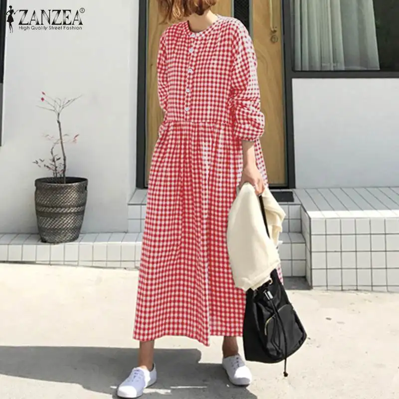 ZANZEA, женское длинное макси платье, повседневное, длинный рукав, vestidos,, винтажное, женское, в клетку, длинная рубашка, платья, Пляжное, для вечеринки, сарафан