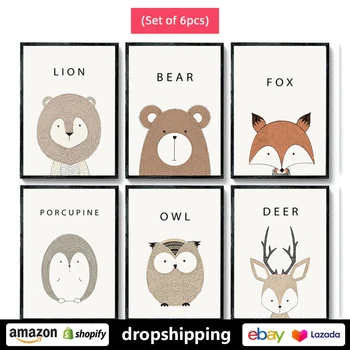 

ART ZONE Cartoon Animal Fox Deer Lion Bear prints Wall Art Canvas posters Artwork decor (Set of 6pcs) Poster Paintings Kid Room