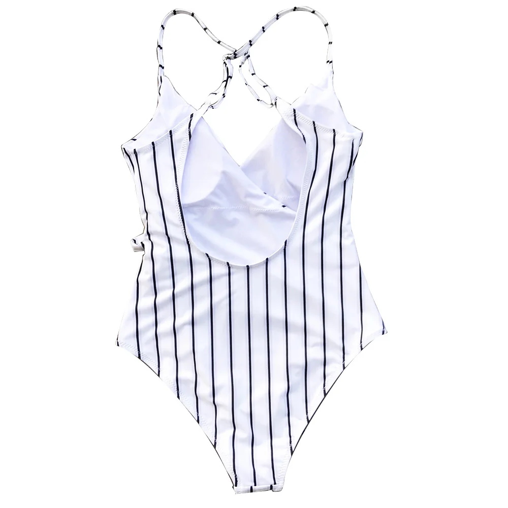 

Stripe One-piece Swimsuit Women V neck Backless Tied Bow Monokini Beach Bathing Suit Swimwear