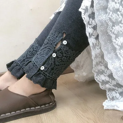 Mori girl/новые зимние хлопковые одноцветные штаны в стиле ретро с вязаным кружевом 2120 - Цвет: Серый