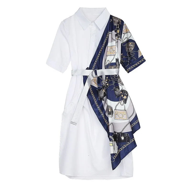 Летнее платье из шелка с принтом цепи, шарф, лоскутное платье с поясом, винтажное свободное платье-рубашка с коротким рукавом