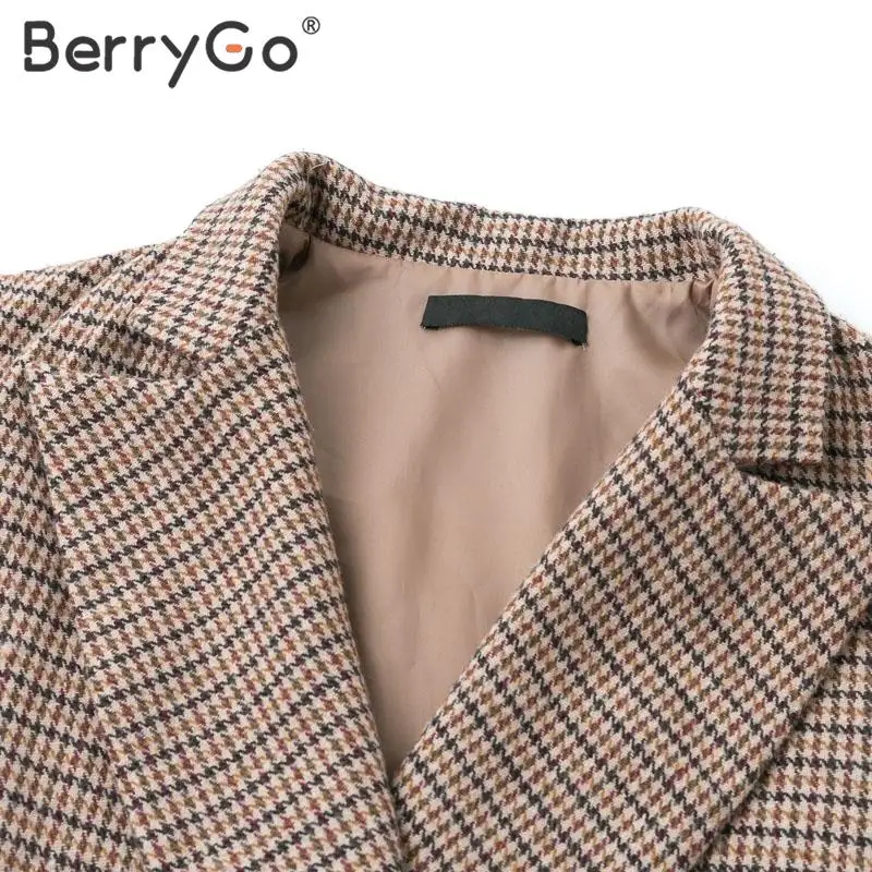 BerryGo, винтажные клетчатые пиджаки, женские, элегантные, для офиса, для девушек, Осень-зима, куртки с длинным рукавом, пуговицы, карманы, Женский блейзер, пальто