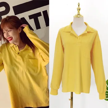 

kpop 4Minute Kim Hyun A fashion Yellow lapel long sleeve hoodies women korean casual wild loose Harajuku sweatshirts ladies tops
