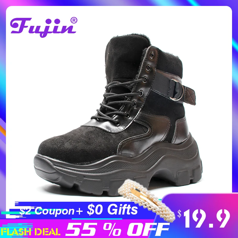 

Fujin Hot Sale 2019 Platform Boots Winter Women Ankle Plush Fur Warm Lace up Booties For Women Motorcycle Leather Boots Shoes