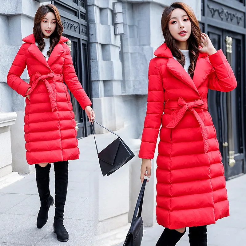 

Cotton-padded Clothes Women's Mid-length Slim Fit Slimming Solid Color of Belt Fold-down Collar Cotton Coat Korean-style WOMEN'S