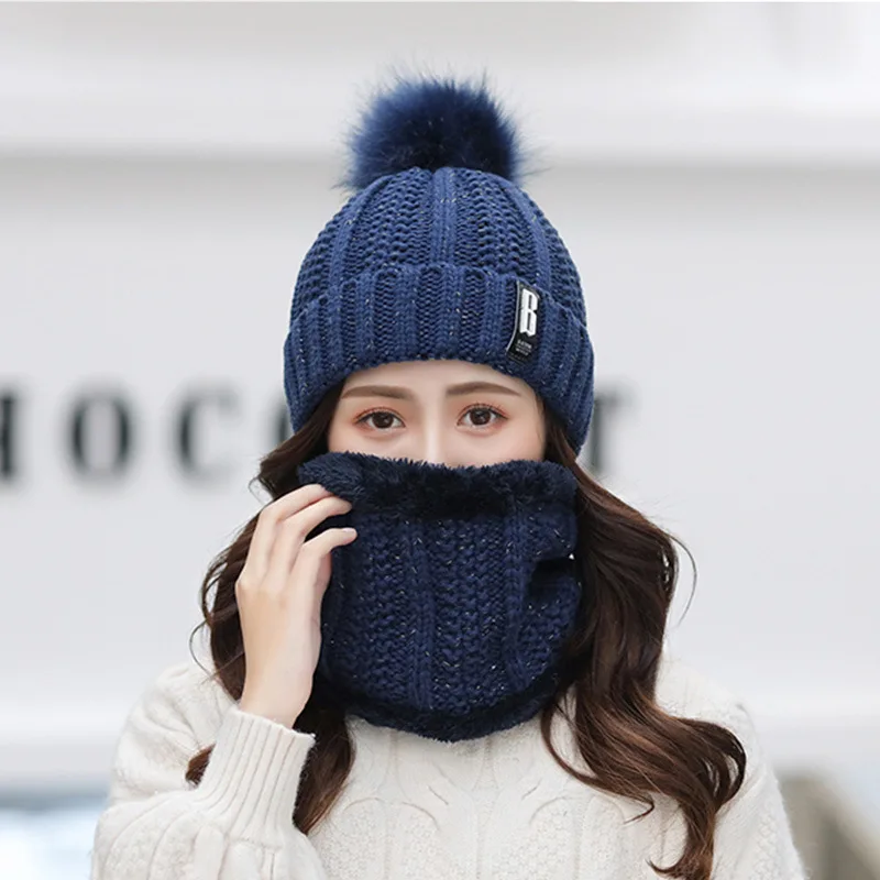 Intimate Design Women Winter Beanie PomPom Hat Thick Warm Soft Neck Warmer Knit Balaclava Soft Fabric Not Easy To Pilling
