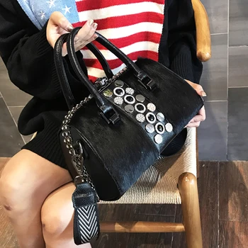 

Horse Hair Bag Woman Shoulder Handbag Genuine Leather Boston Messenger Bags Fashion Diamonds Rivet Autumn and winter hand bag