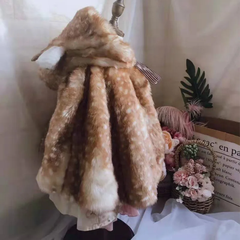 Winter Christmas Fawn Hooded Girl Fur Plus Warm Cloack Mom and