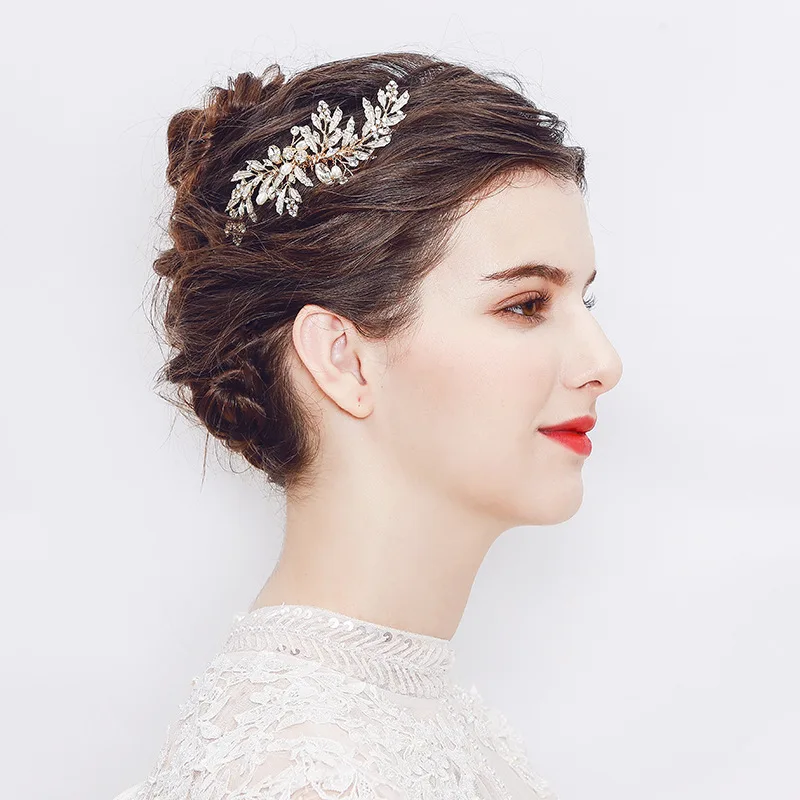 Women Gold Leaf Rhinestones Crystal Hair Comb Bridal Hair Jewelry Weddding Prom Brida Accessories
