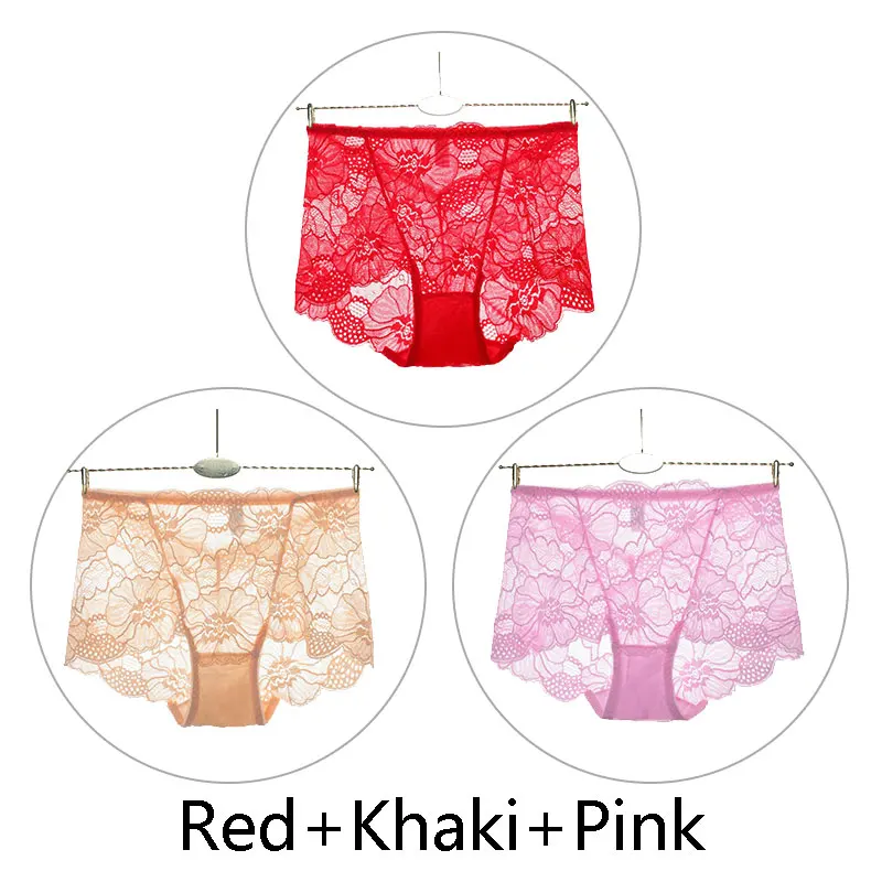 3 шт., L-XXL, большие, Siaze, трусики для женщин, высокая талия, бедра, лифтинг, живот, трусы, кружево, полые, Прозрачное нижнее белье, бесшовное белье - Цвет: Red Khaki Pink