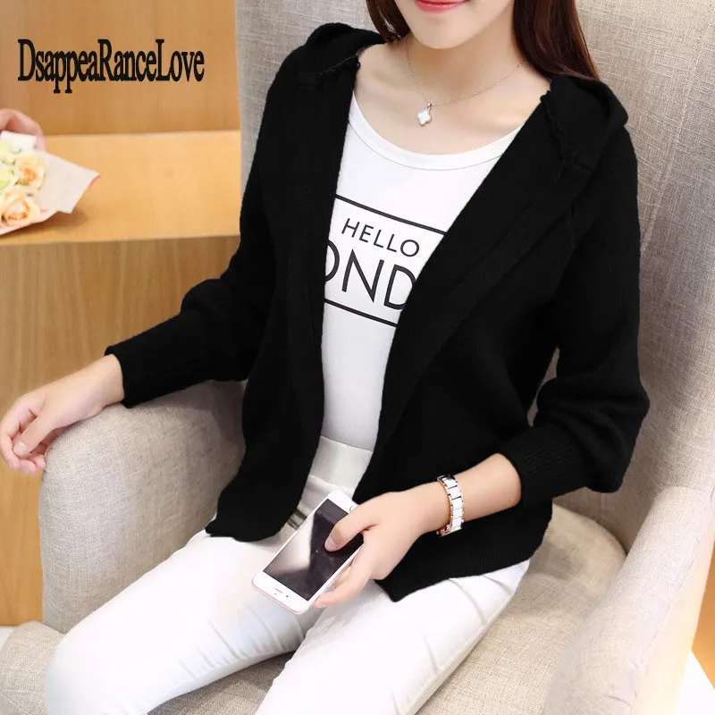 Autumn Winter Fashion Solid Color Hooded Wool Blends Cardigan Women Casual Open Stitch Knitted Sweater Cardigans