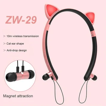 

ZW-29 Cute girl HIFI stereo wireless bluetooth earphone Glow Cat ear handsfree headset with microphone ear phone sport headphone