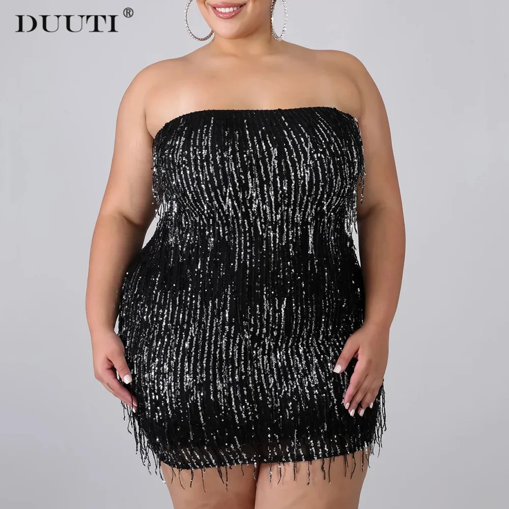 

DUUTI Sexy Off the Shoulder Bandeau Dress Ladies Elegant Tassels Sequins Strapless Solid Beading Large Size Party Club Dress D25
