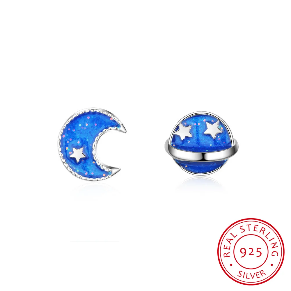 

Real 100% 925 Sterling Silver Sparkling Moon & Planet Galaxy Stud Earrings for Women Party Jewelry Anniversary Gift CSE151