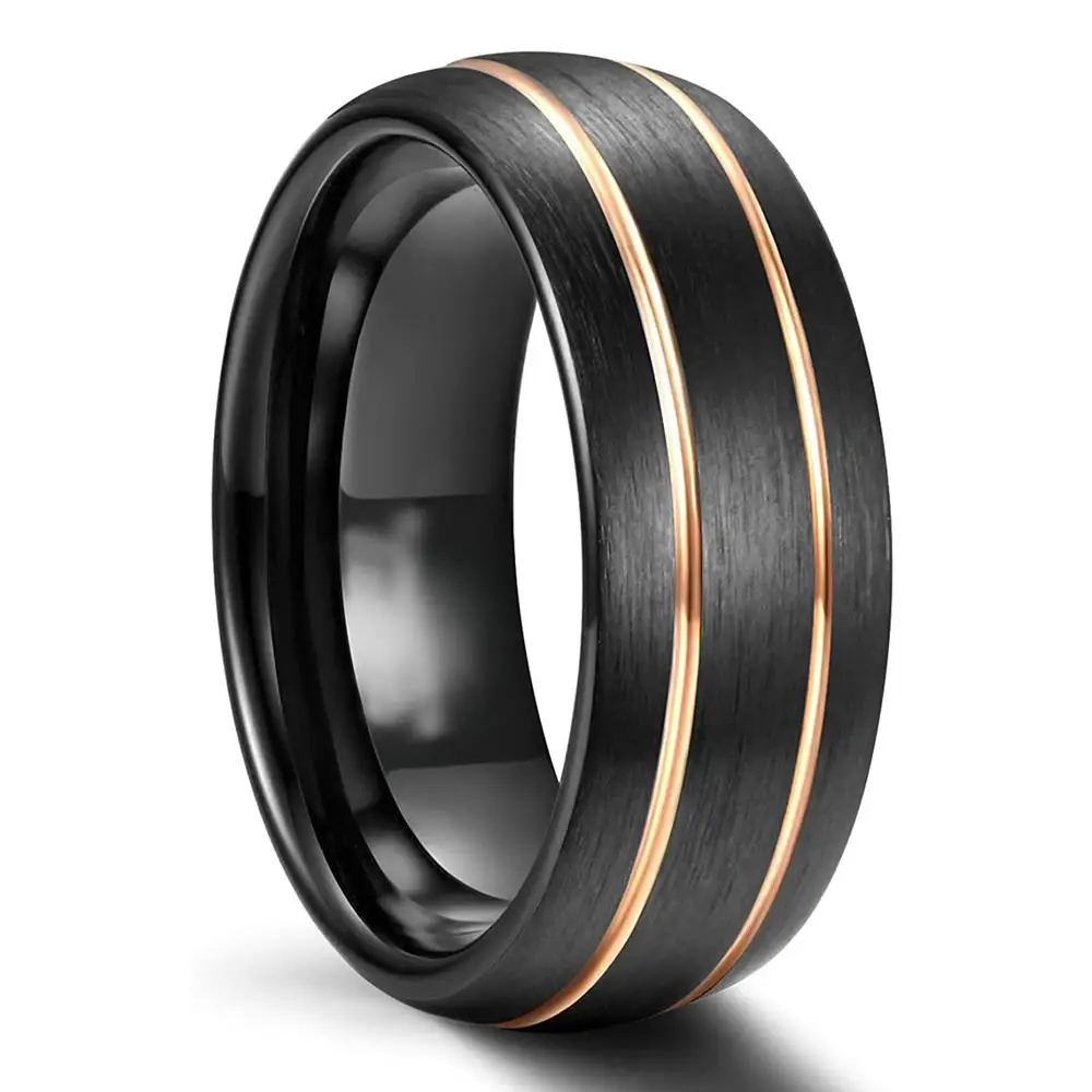 Fashion 8MM Mens Black Tungsten Carbide Rings Rose Gold Thin Groove Line Dome Brushed Engagement Ring Men Wedding Band Wholesale | Украшения