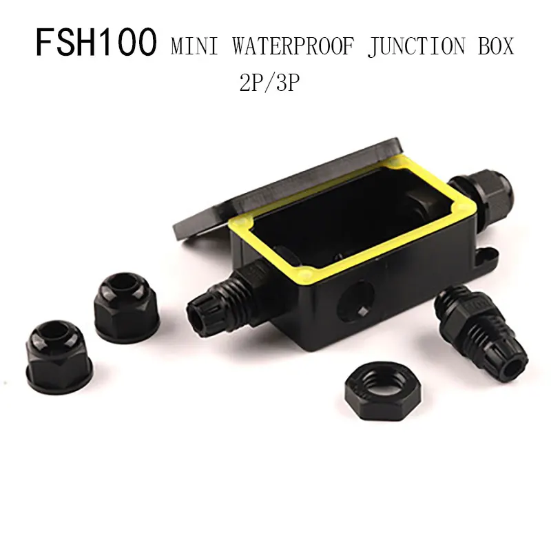Power junction box IP66 Outdoor Mini Waterproof Junction Box Black UV Junction Box Fsh100-2P/3P Outdoor Lighting Cable Waterproof 450V