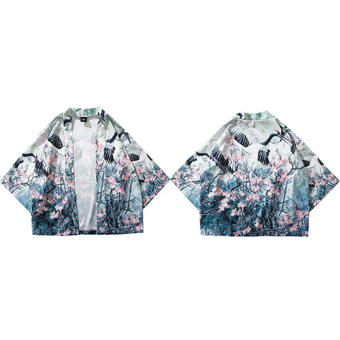 Харадзюку кимоно куртка японский хип-хоп Мужская уличная куртка кран цветочный принт китайская краска летняя тонкая одежда японский стиль - Цвет: A2270032