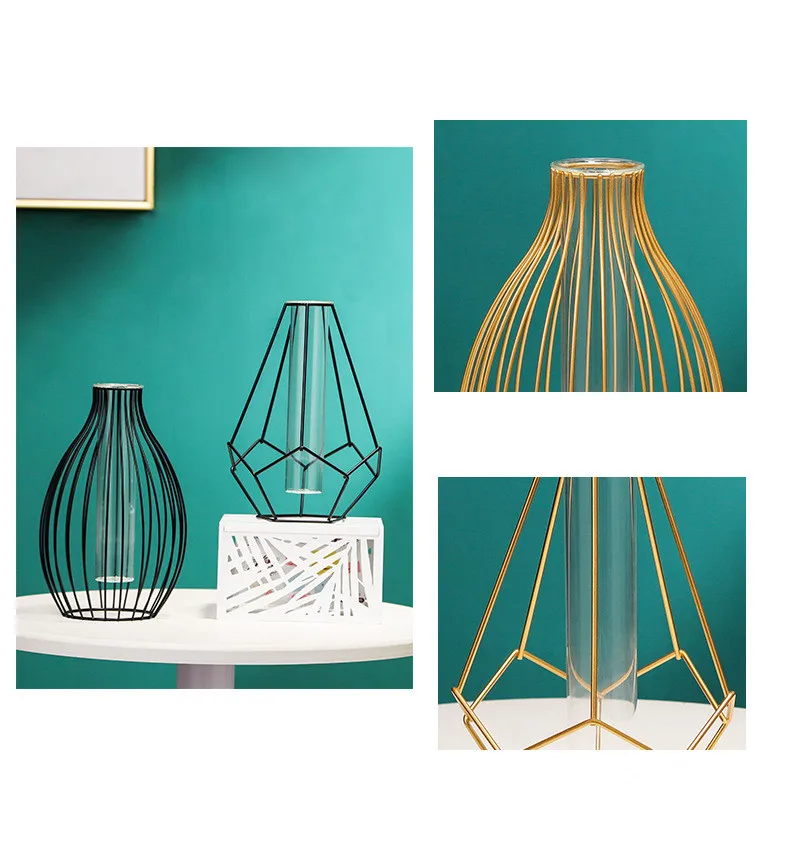 Nordic Simple Golden Glass Vase Hydroponic Plant Flower Vase Iron Geometric Glass Test Tube Metal Plant Holder Modern Home Decor 4