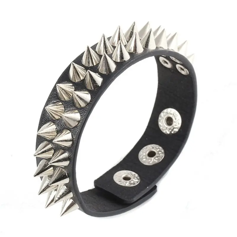 

Men Women Black Artificial Leather Punk Rock Bracelets with Cuspidal Spike Studded Rivet Chain Adjustable Wide Wristband