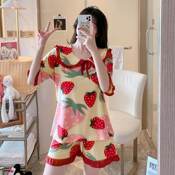 

Summer Cartoon Strawberry Print Women Pajamas Set Large Size Short Sleeve Pyjamas College Female Home 2 Piece Sleepwear 8118