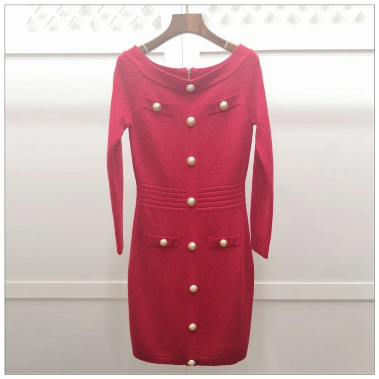 Красный 10,22 шерсть+ Tencel Модное Новое платье с вырезом лодочкой, украшенное пуговицами Аргайл, тонкое однотонное платье с длинным рукавом, облегающее вязанное платье - Цвет: Красный