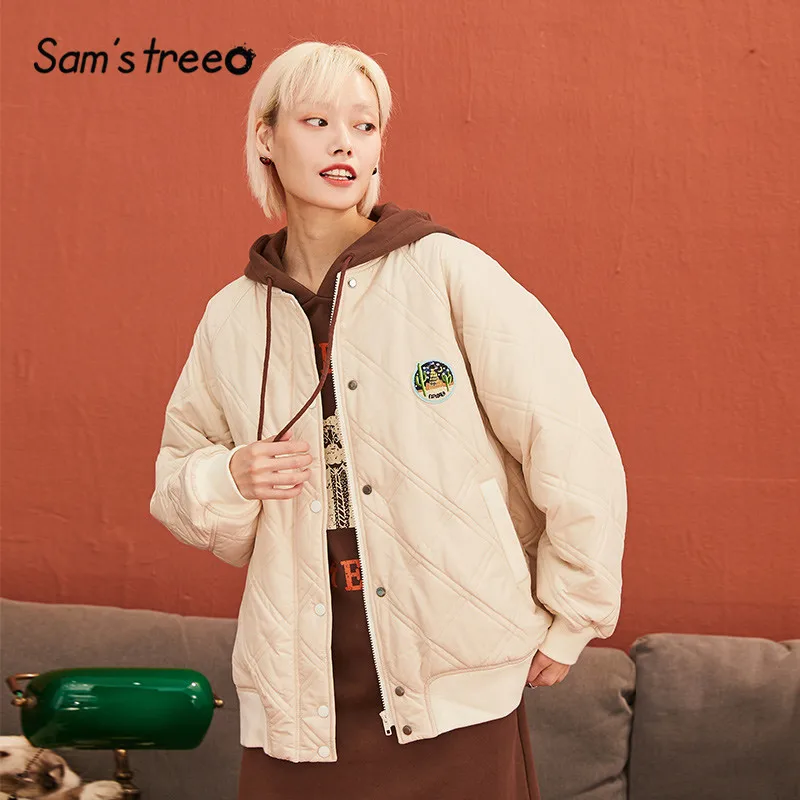SAM'S TREE абрикосовое Стеганое пальто бойфренда с ромбовидной решеткой для женщин Зимняя парка с вышивкой Бишоп рукавом женская верхняя одежда