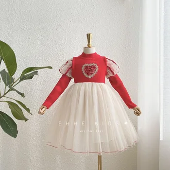 

Children's dress 2020 autumn and winter new products Western style girls sequined love dress knitted stitching mesh dress