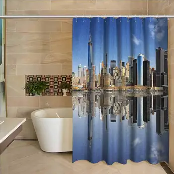 

New York City Hotel Quality Polyester Shower Curtain Manhattan Island Silhouette with Skyscrapers Towers Famous Island Shower