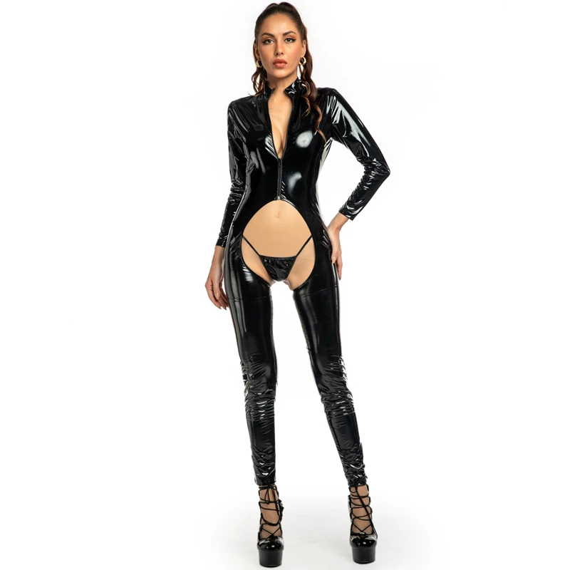 Wet Look Open Crotch PVC Jumpsuits Women Sexy Hollow Out Erotic Bodysuit Latex Crotchless Rompers Porn Club Faux Leather Catsuit