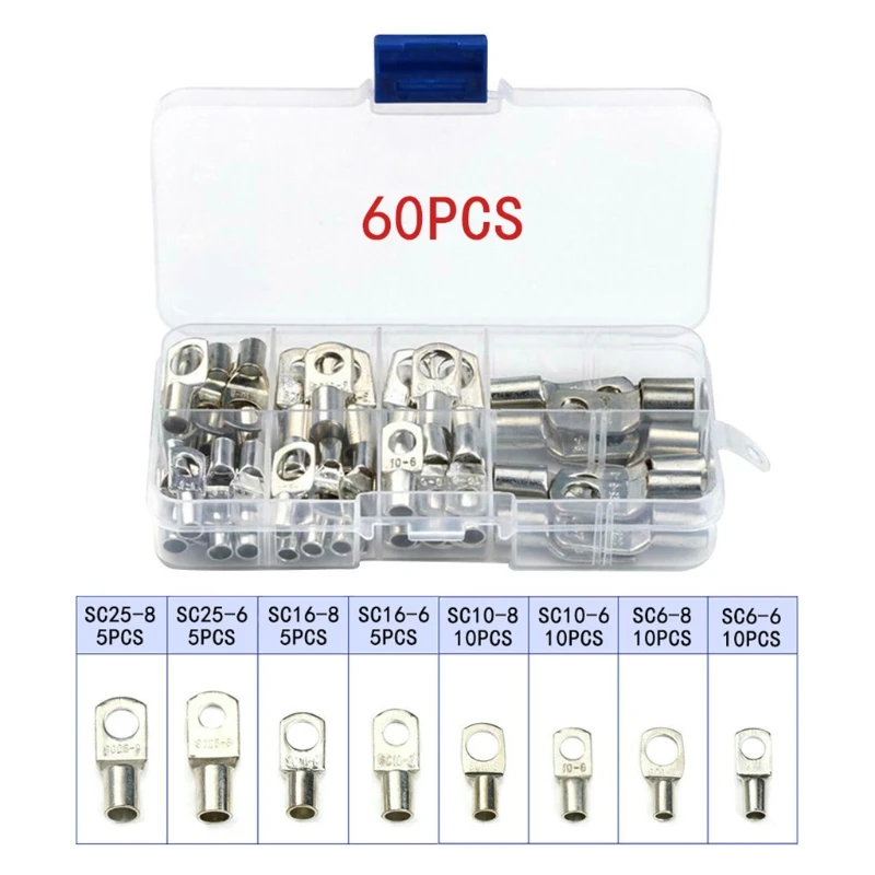 60 Pcs Wire Lugs Connectors Tinned Copper Terminals Non Insulated SC Terminal 2021 New