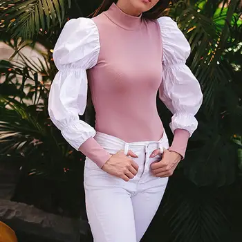 

Casual Bubble Sleeve Bodysuits Fashion Women Turtleneck Solid Color Slim Rompers Autumn Winter Overalls Bodis de Mujer 2020 E