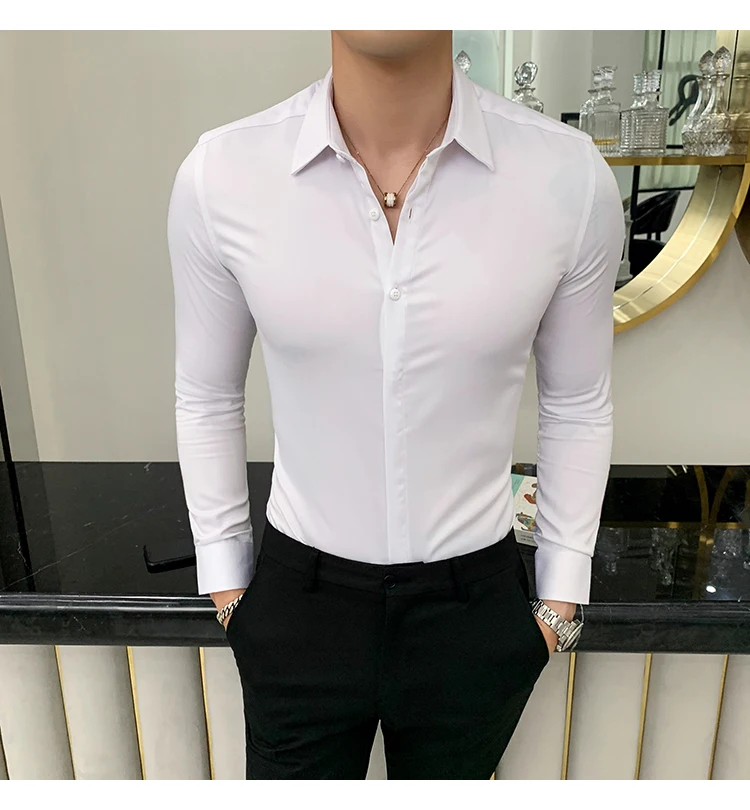Мужская деловая рубашка, однотонная Повседневная приталенная рубашка с длинными рукавами, Высококачественная рубашка, Мужская Уличная одежда, Camisa Social Masculina