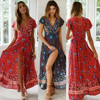 

2020 Womens Summer Boho Maxi Dress Short Sleeve Evening Party Beach Dresses Fashion New Ladies Hot Sundress