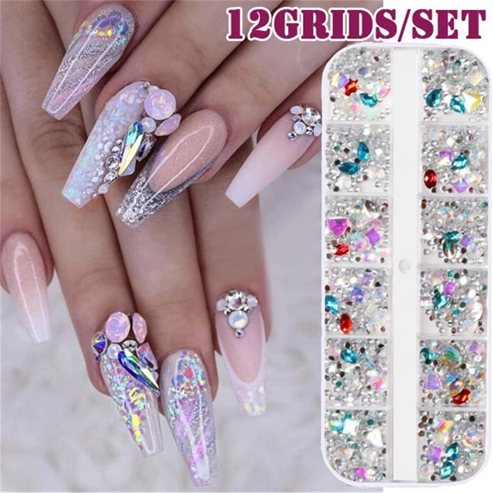 12 Grid Multi size Nail Rhinestones 3D Crystal AB Clear Nail Stones Gems  Pearl DIY Nail Art Decorations Gold Silver Rivet Rhines|Nail Glitter| -  AliExpress