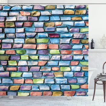 

Geometric Shower Curtain, Colorful Mosaic Tiles Pattern Brick Wall Design with Grunge Effect Worn Out Look, Cloth Fabric