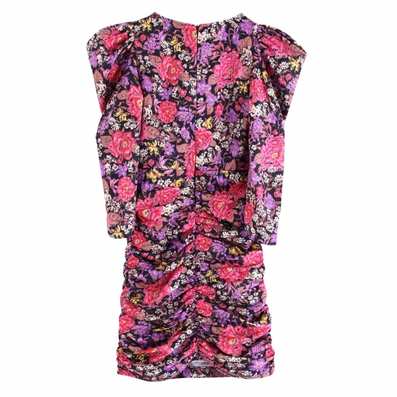 Цветочная печать женское с буфами рукав Плиссированное мини платье Осень Досуг Леди V шеи тонкие платья D3662