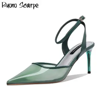 

Clear Tranparent High Heel Shoes Summer Stilletto Heel Sandals Pointed Toe Prom Sandals Sexy Women Party Shoes Ankle Buckle Heel