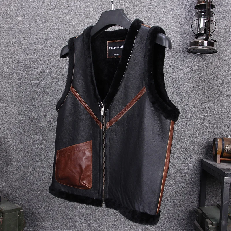 Black Men Keep Warm Slim Fit Genuine Shearling Vest Plus Size XXXL Autumn Casual Russian Leather Vest