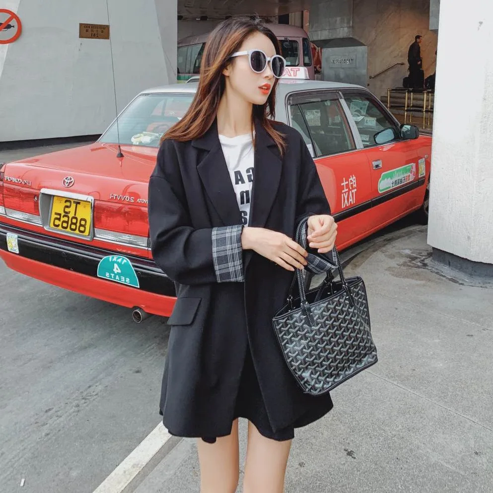 Фотосессия шикарный Классический Ol черный и белый с рисунком маленький костюм женский двубортный контрастный цвет клетчатый манжет свободный крой Ve