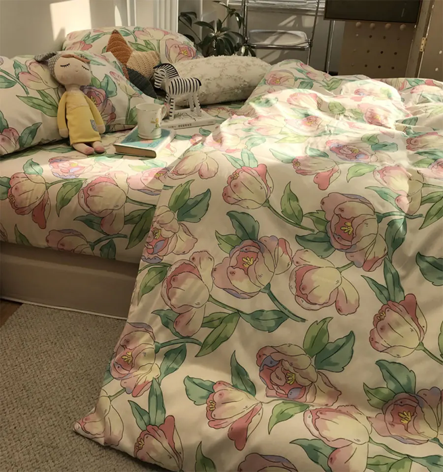 

Romantic pastoral flower pink green bedding set,girl cotton twin full queen king home textile flat sheet pillowcase duvet cover